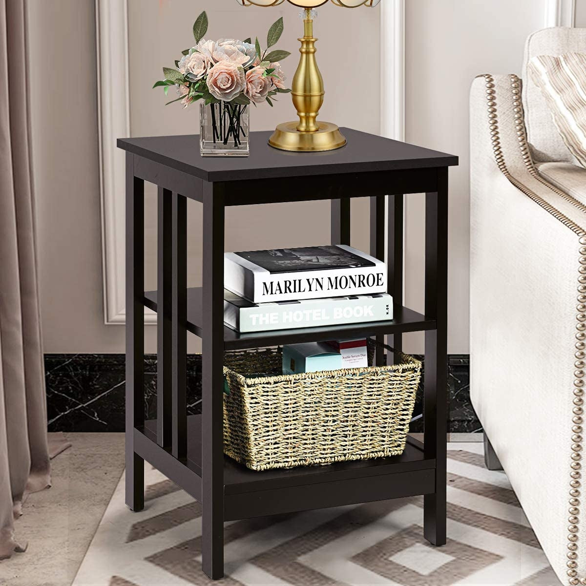 2 Pieces 3-Tier Nightstand with Reinforced Bars and Stable Structure-Dark Brown