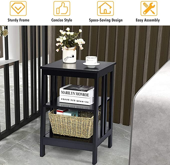 2 Pieces 3-Tier Nightstand with Reinforced Bars and Stable Structure-Black