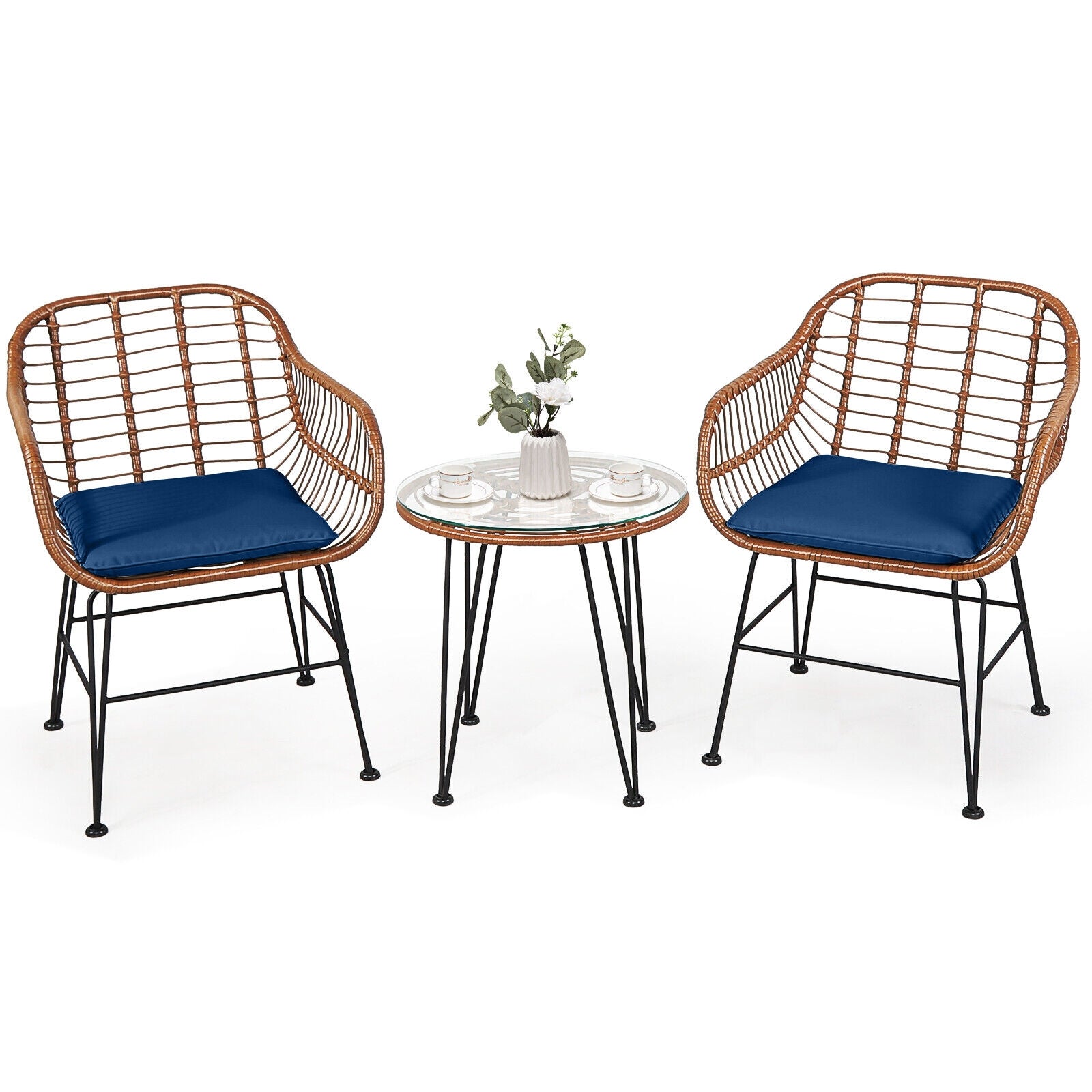3 Pieces Patio Rattan Bistro Set with Cushion-Black - Navy