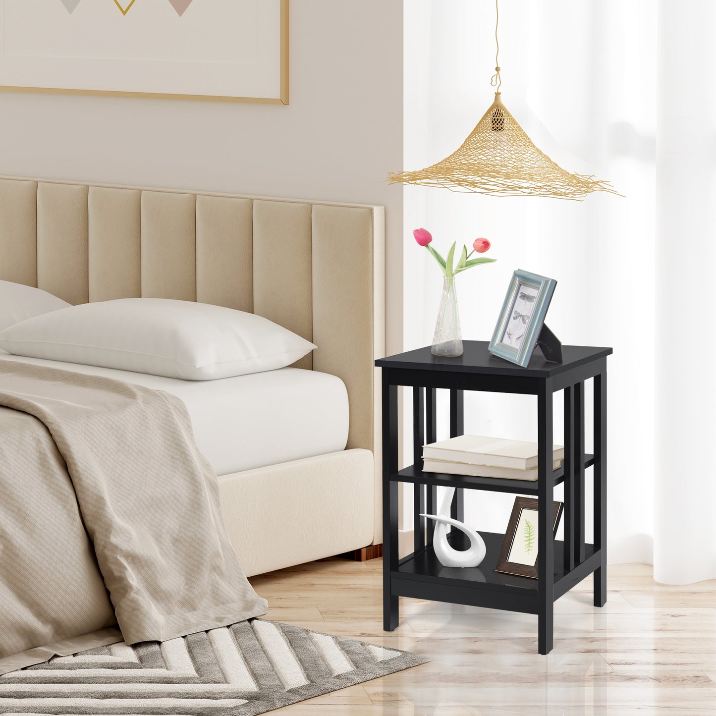 3-Tier Nightstand Sofa Side Table with Baffles and Round Corners-Black