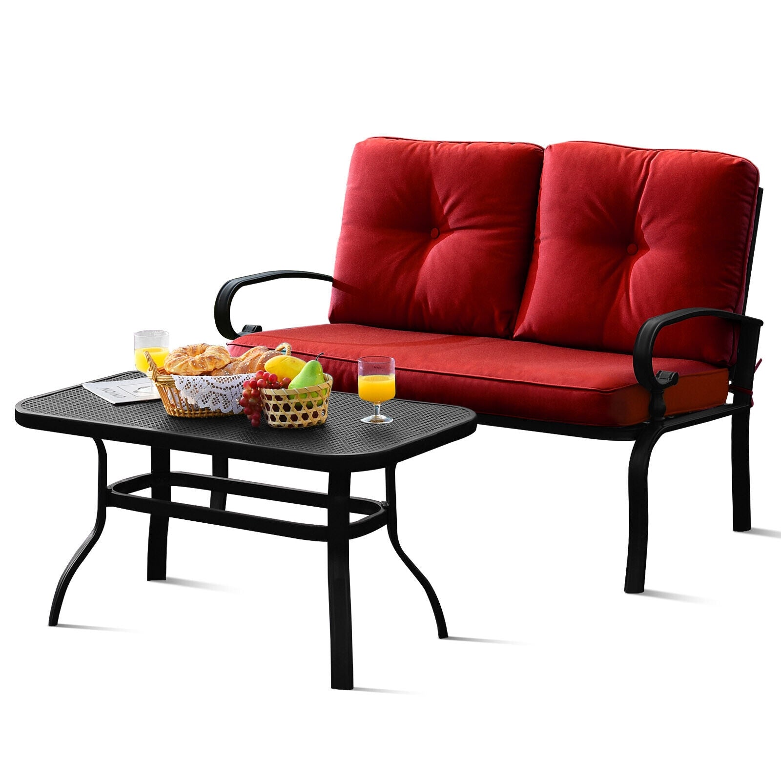 2 Pieces Patio Loveseat Bench Table Furniture Set with Cushioned Chair-Blue - Red