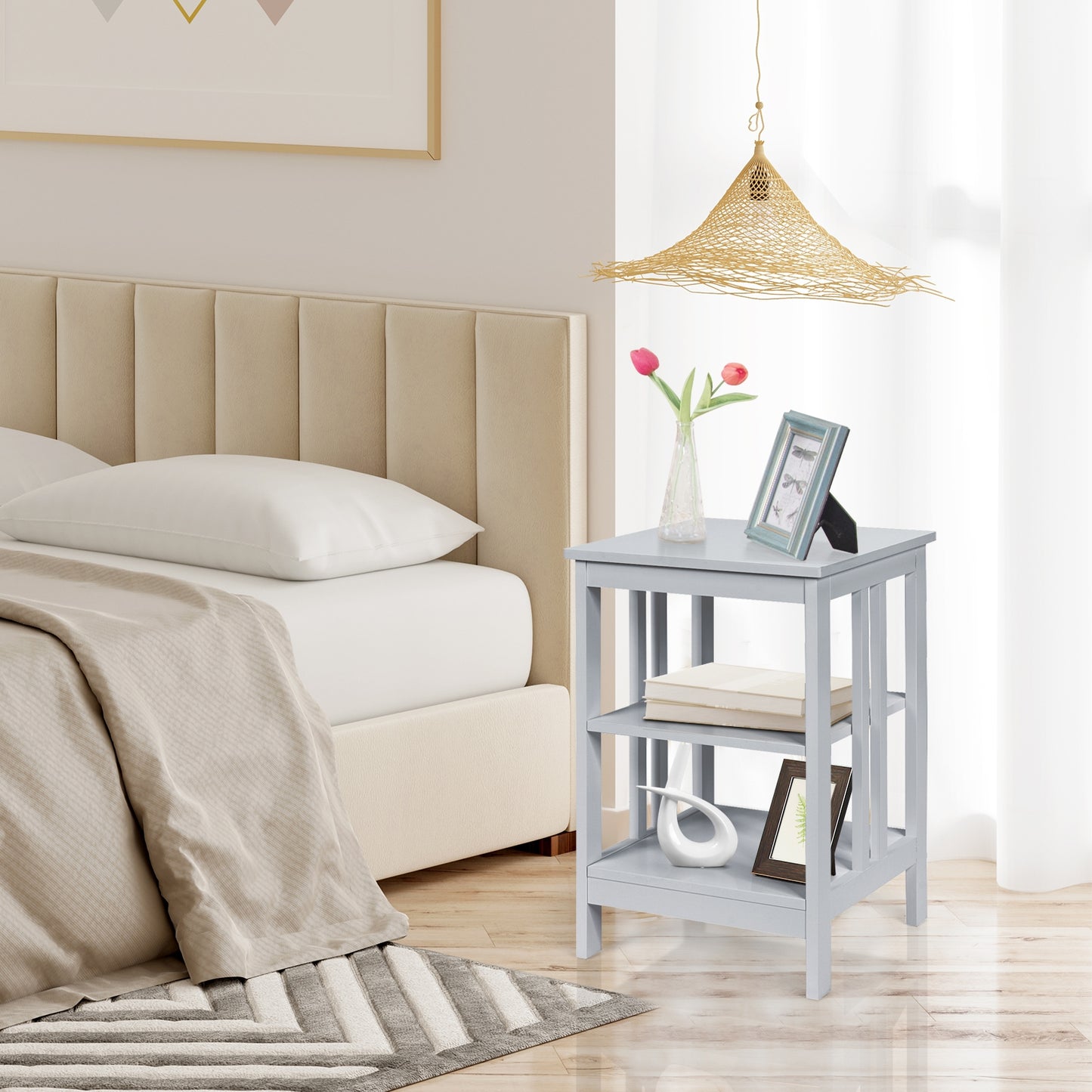 3-Tier Nightstand Sofa Side Table with Baffles and Round Corners-Gray