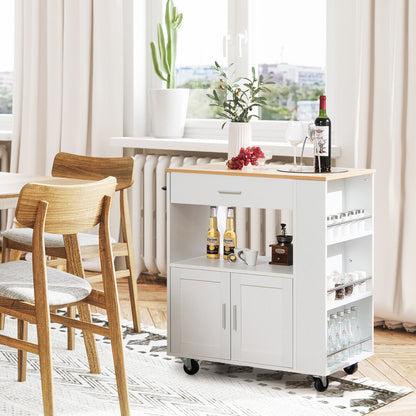 Rolling Kitchen Trolley with 3 Spice Racks Drawer and Open Shelf-White