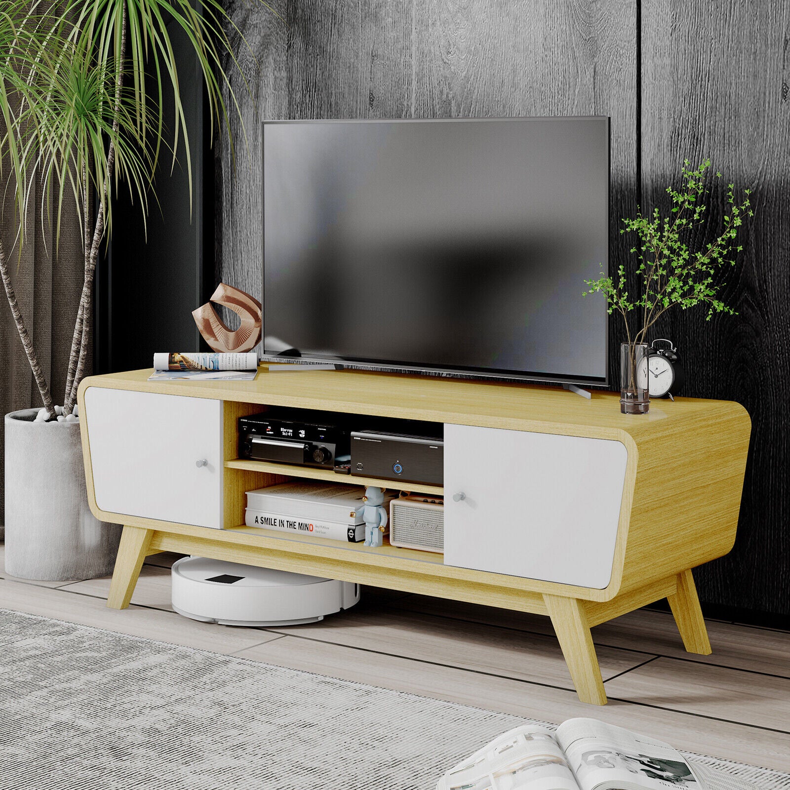 Sliding Door TV Stand with Adjustable Shelf for TVs up to 55 Inch-Natural
