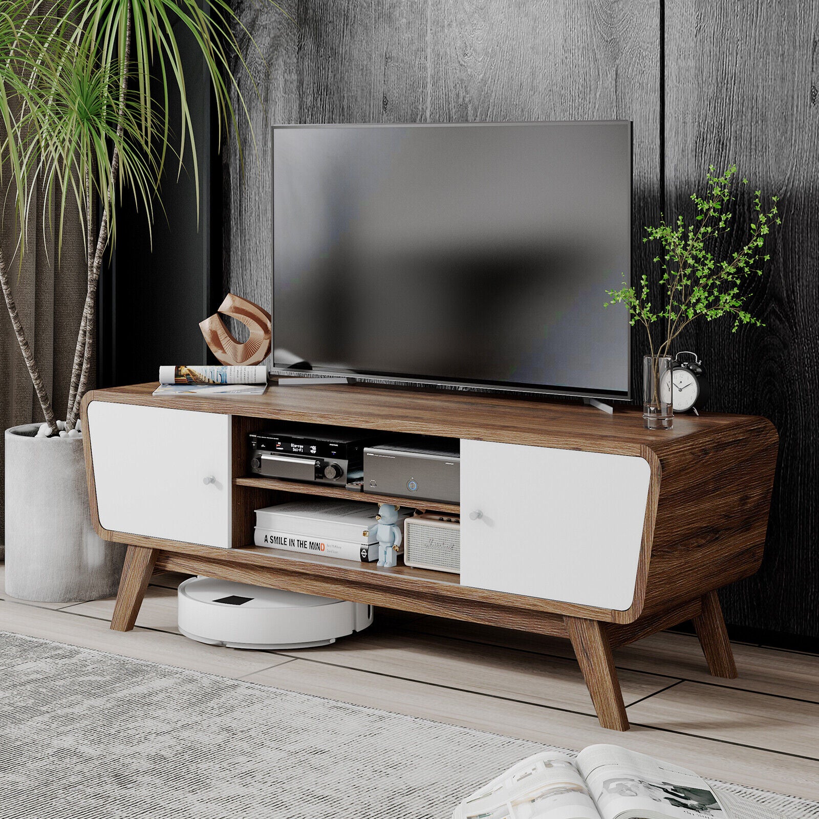 Sliding Door TV Stand with Adjustable Shelf for TVs up to 55 Inch-Walnut