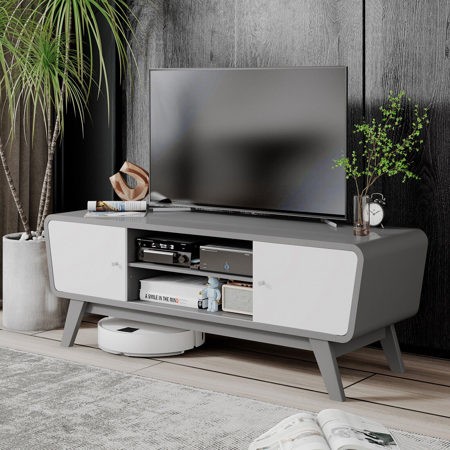 Sliding Door TV Stand with Adjustable Shelf for TVs up to 55 Inch-Gray