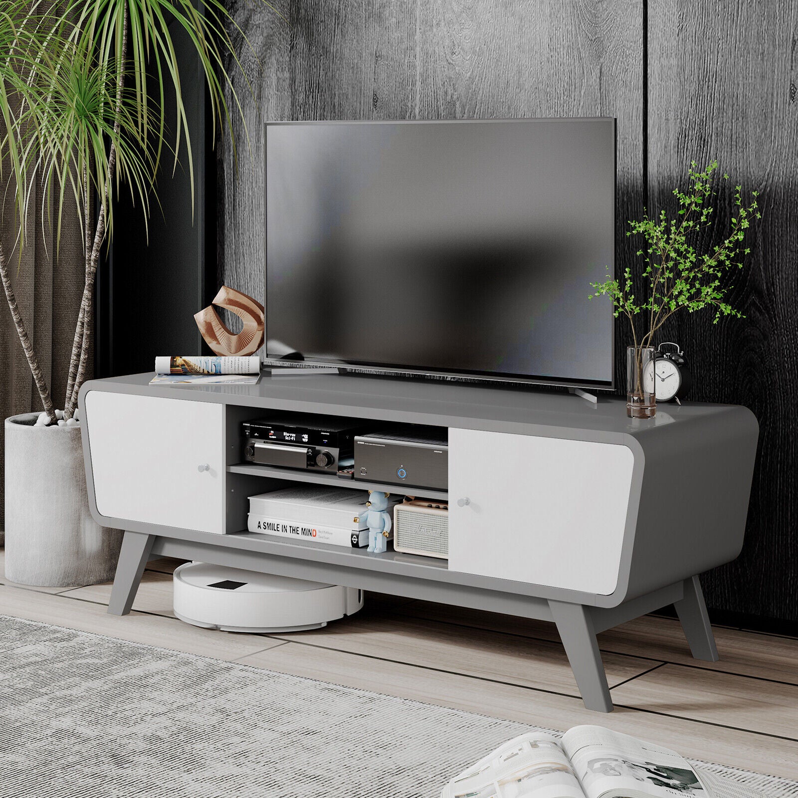Sliding Door TV Stand with Adjustable Shelf for TVs up to 55 Inch-Gray