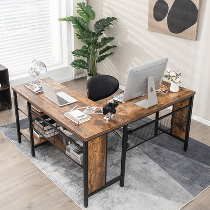 Industrial L-Shaped Corner Computer Desk Office Workstation with Storage Shelves-Rustic Brown