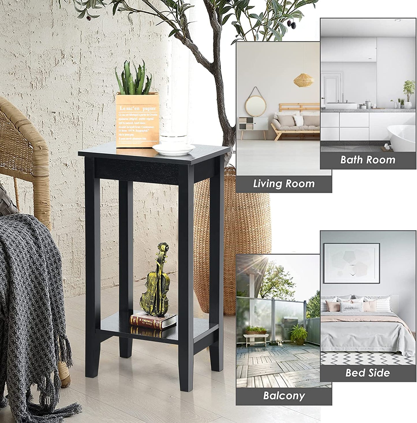 Set of 2 Versatile 2-Tier End Table with Storage Shelf-Black - Black