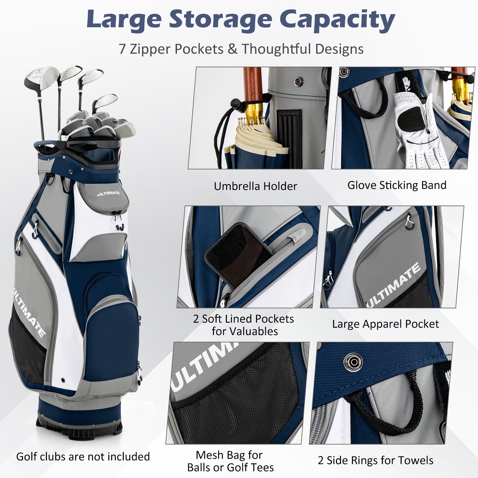 10.5 Inch Golf Stand Bag with 14 Way Dividers and 7 Zippered Pockets-Navy