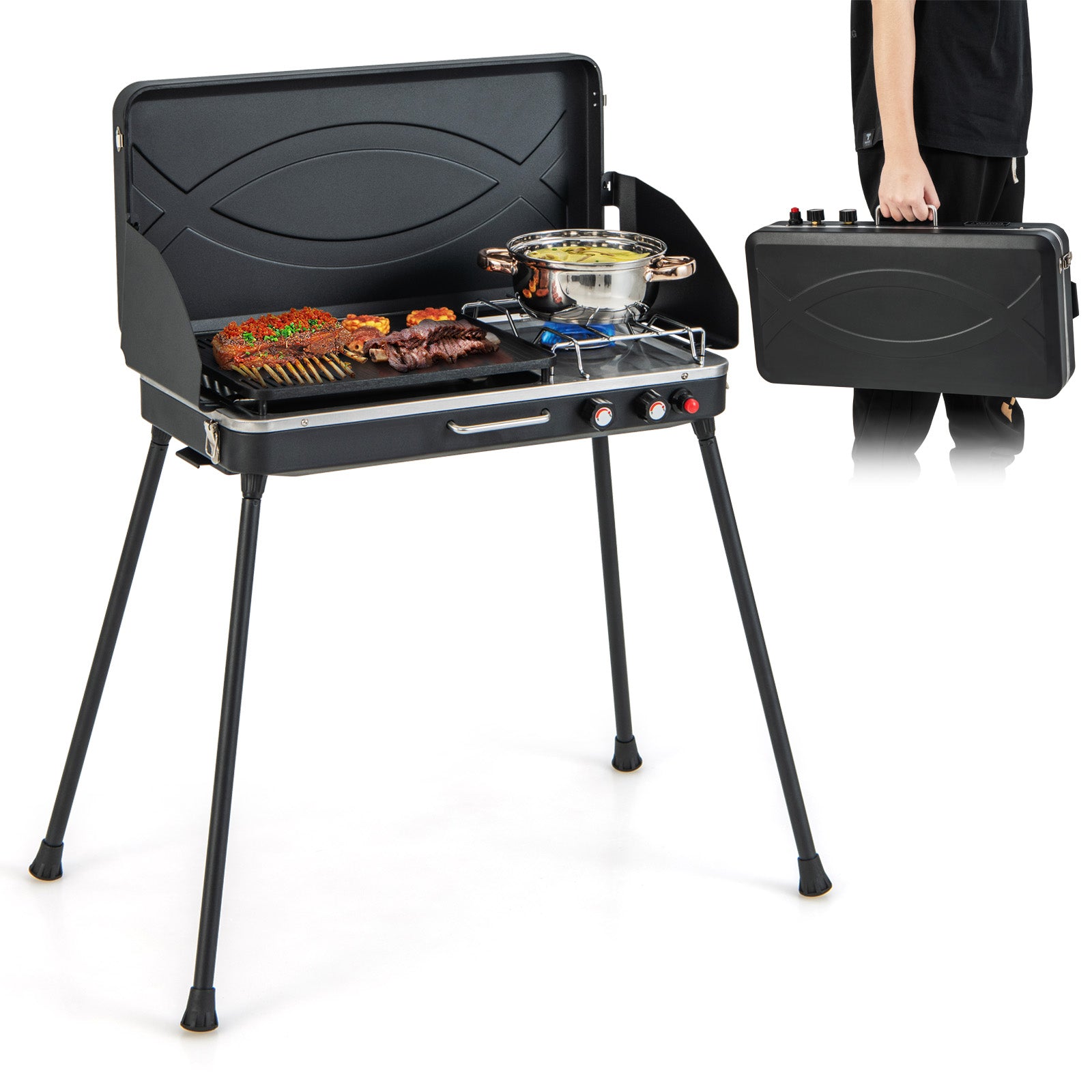 2-in-1 Gas Camping Grill and Stove with 4 Detachable Legs-Red - Black