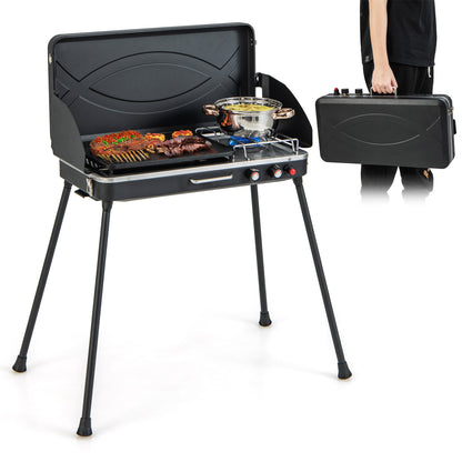 2-in-1 Gas Camping Grill and Stove with 4 Detachable Legs-Red - Black