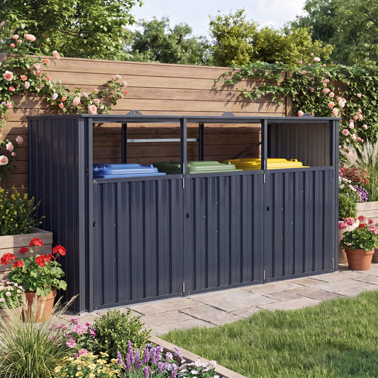 3-Bin Metal Trash Can Storage Shed with Flip-Up Lids for Yard