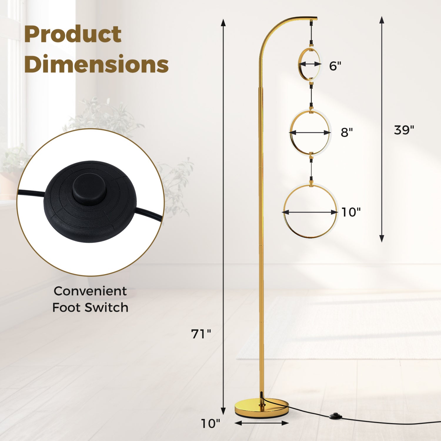3-Circle Dimmable LED Floor Lamp with Foot Pedal Switch 3 Color Temperatures
