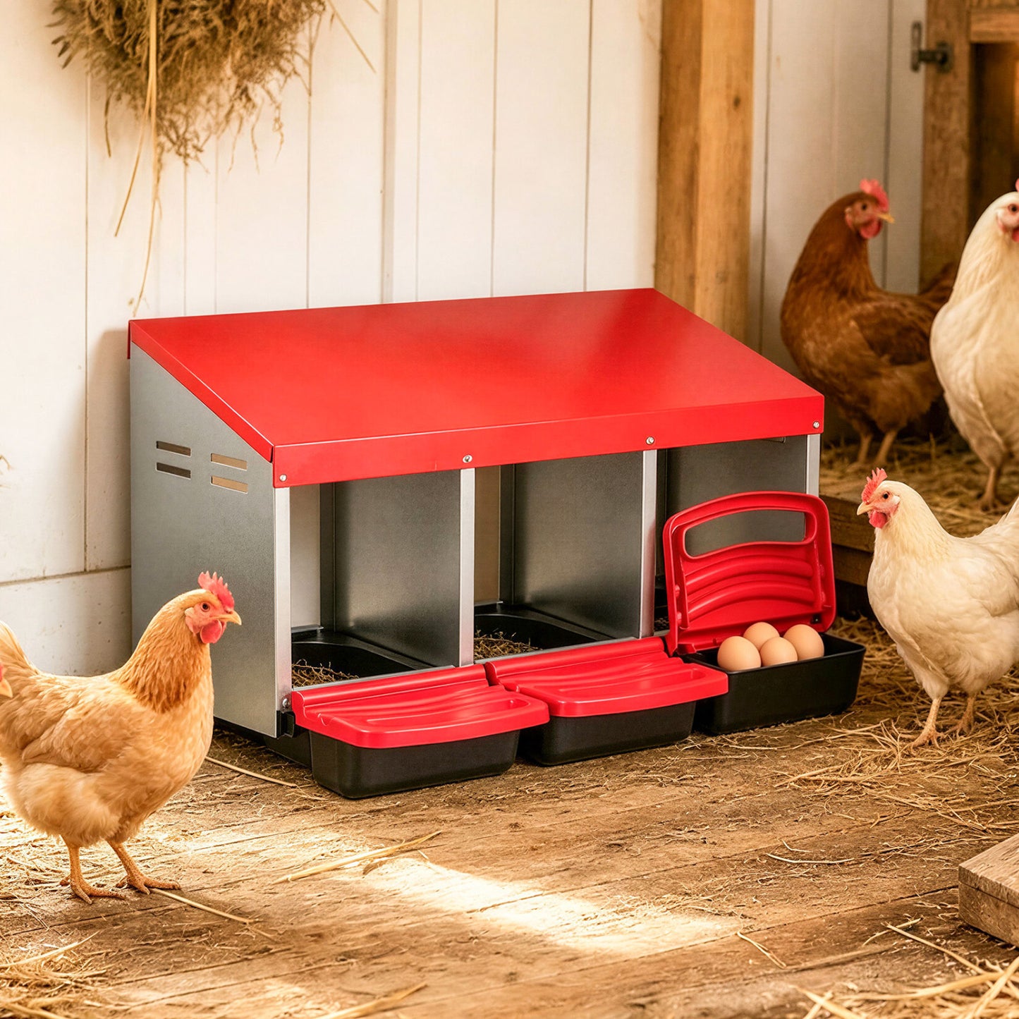 3-Compartment Roll Away Chicken Nesting Box with Removable Trays