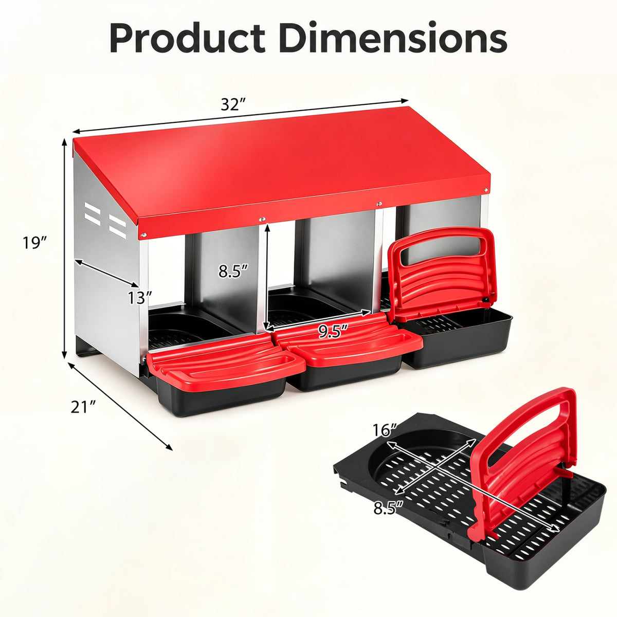 3-Compartment Roll Away Chicken Nesting Box with Removable Trays