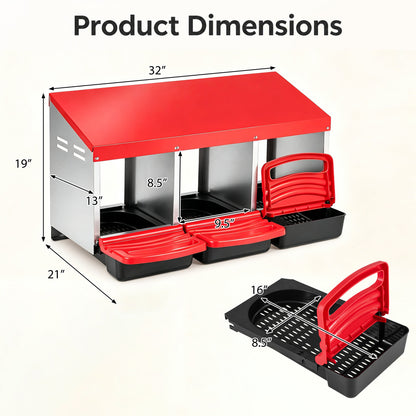 3-Compartment Roll Away Chicken Nesting Box with Removable Trays