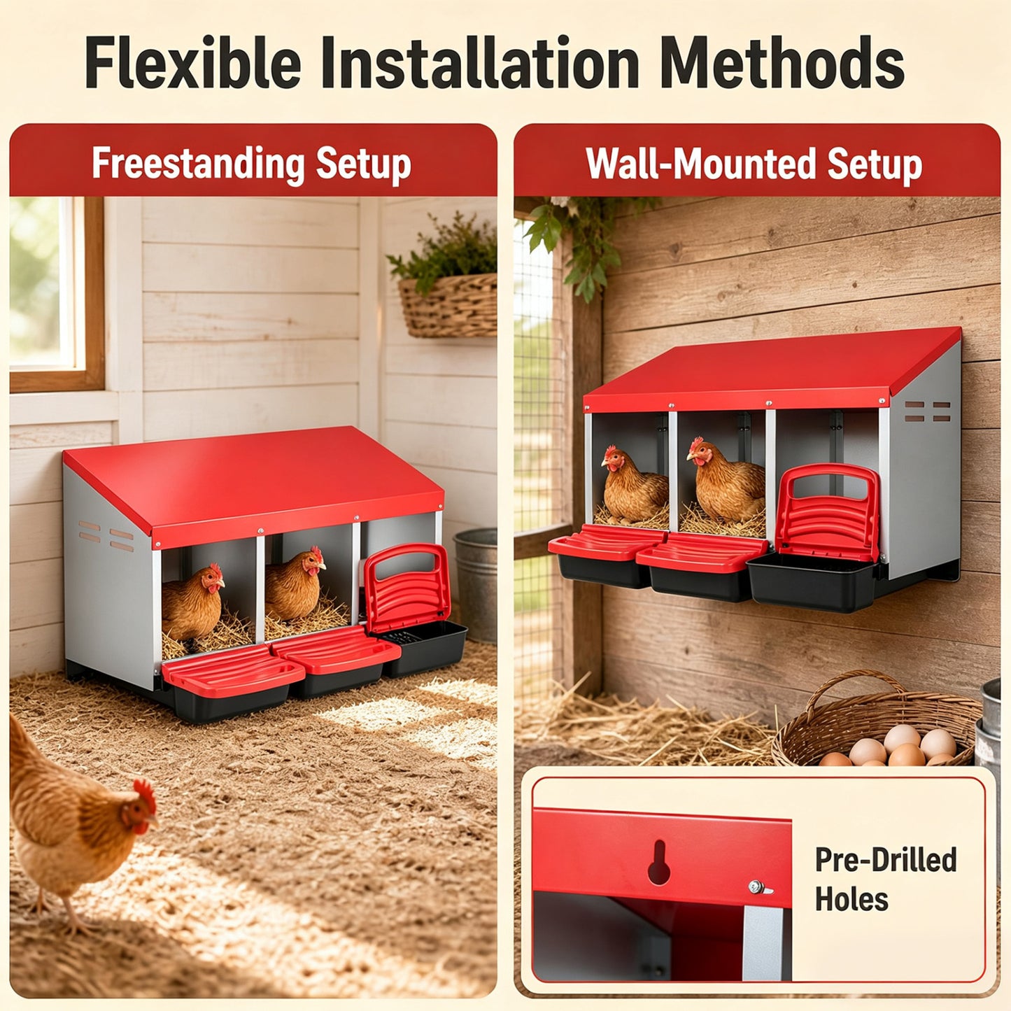 3-Compartment Roll Away Chicken Nesting Box with Removable Trays