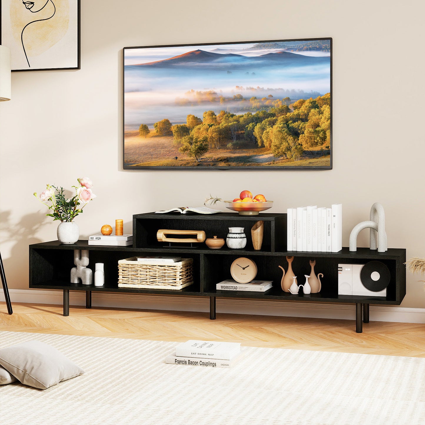 3 Cubby TV Stand for TVs up to 70 Inch Entertainment Center with Open Storage Compartments-Black
