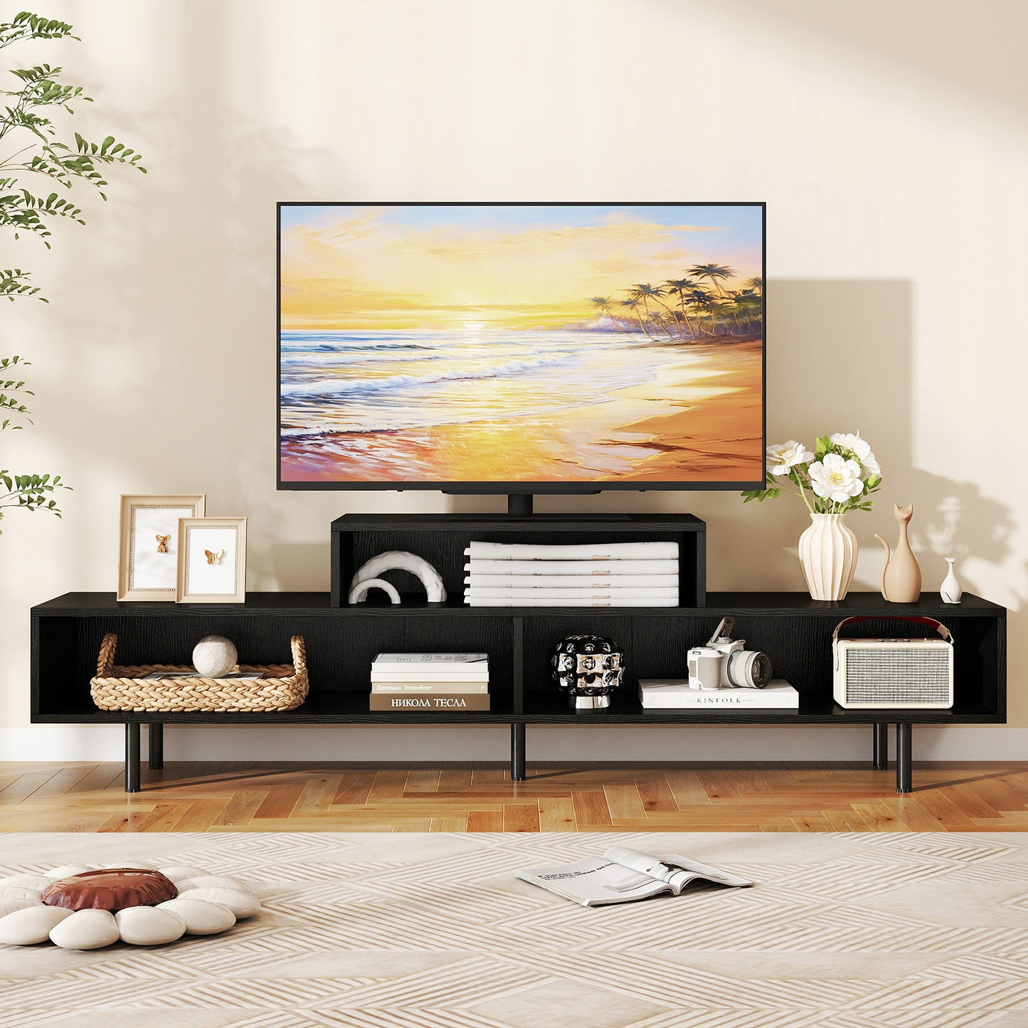 3 Cubby TV Stand for TVs up to 70 Inch Entertainment Center with Open Storage Compartments-Black