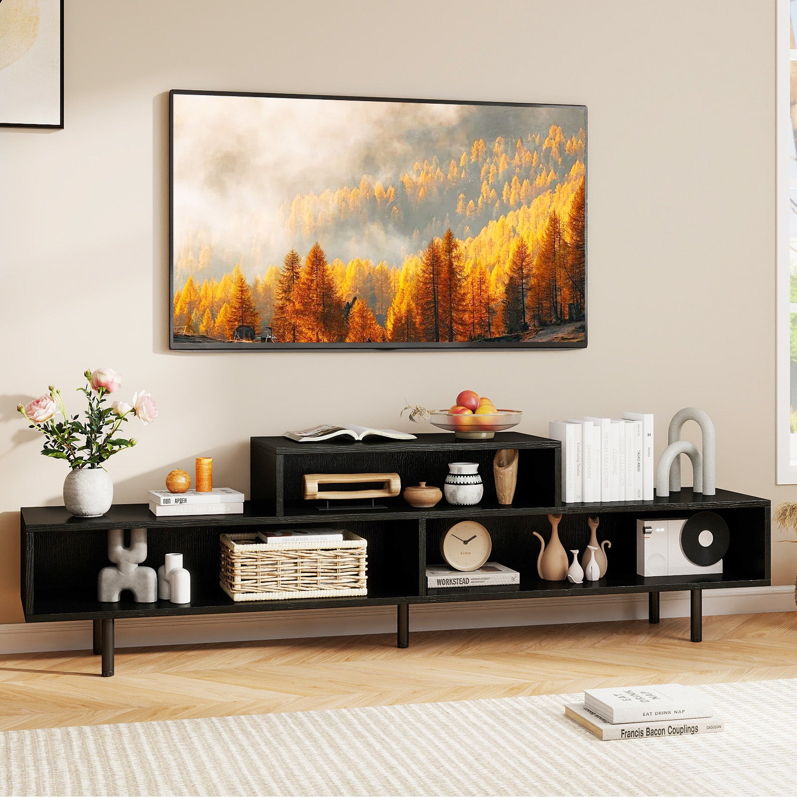 3 Cubby TV Stand for TVs up to 70 Inch Entertainment Center with Open Storage Compartments-Black