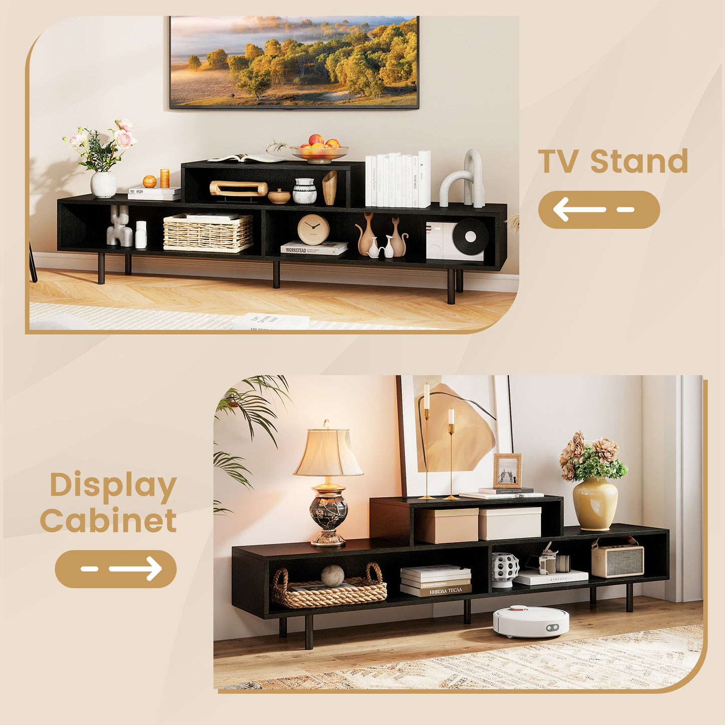 3 Cubby TV Stand for TVs up to 70 Inch Entertainment Center with Open Storage Compartments-Black
