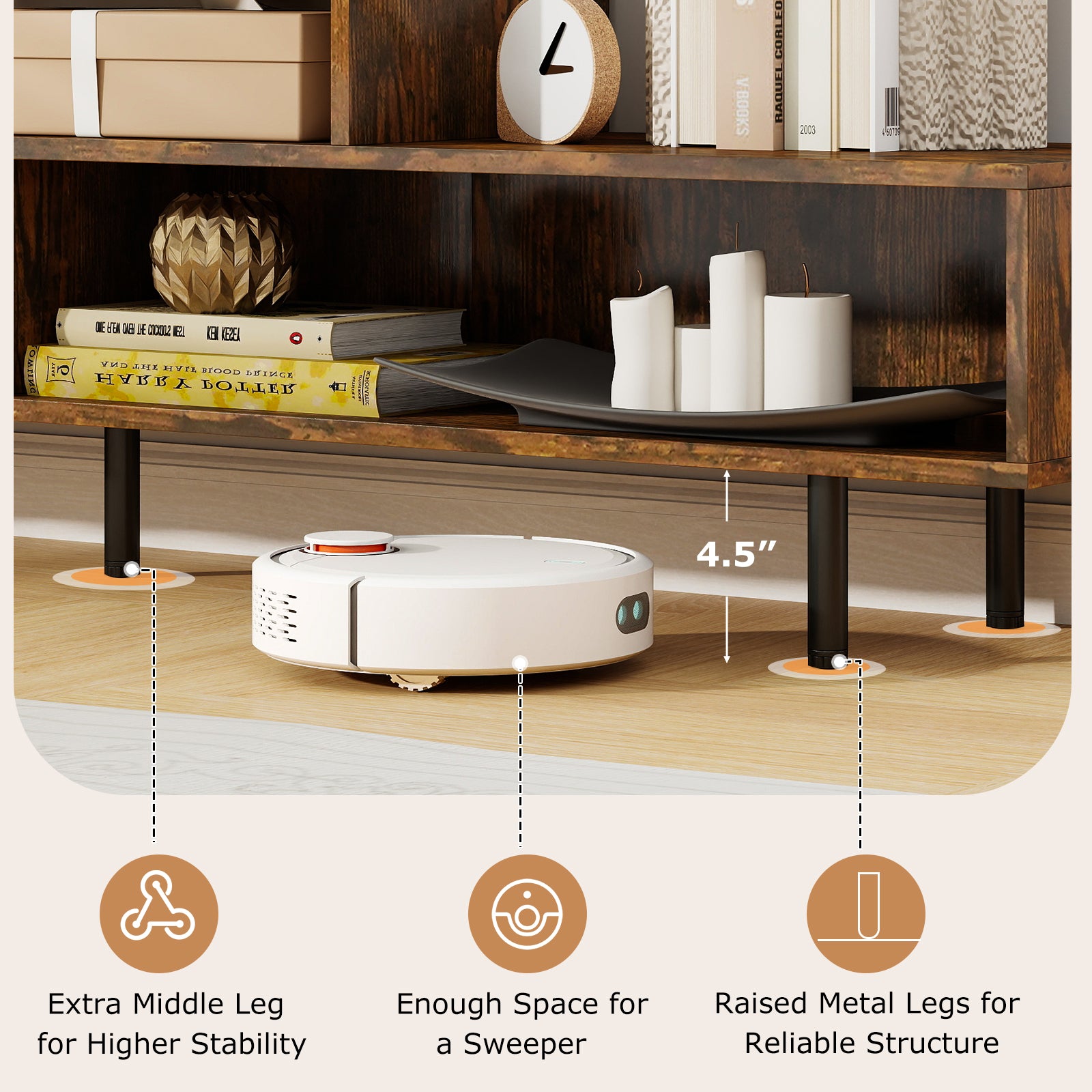 3 Cubby TV Stand for TVs up to 70 Inch with Open Storage Compartments-Rustic Brown