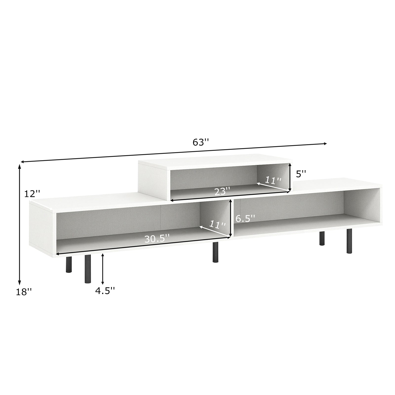 3 Cubby TV Stand for TVs up to 70 Inch with Open Storage Compartments-White
