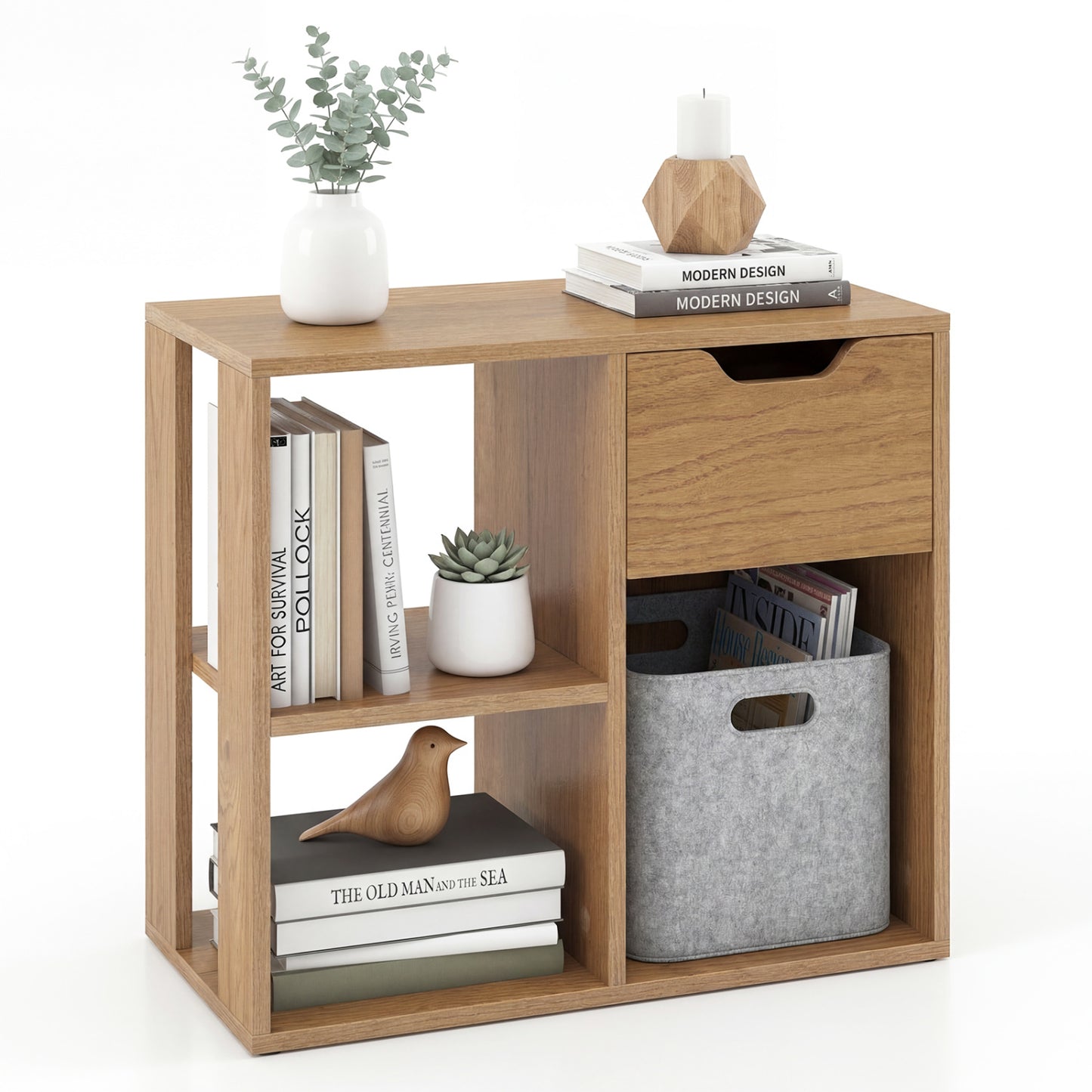 3-Cube Bookcase 2-tier Wooden Storage Shelf with Pull-out Drawer-Natural - Natural
