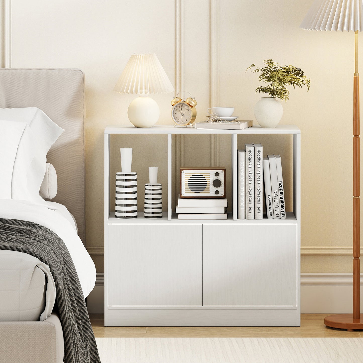 3-Cube Bookcase with Doors 3-Tier Cubic Bookshelf with Open Compartments and Cabinet-White