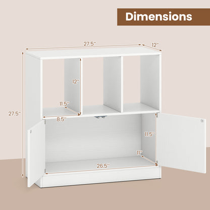 3-Cube Bookcase with Doors 3-Tier Cubic Bookshelf with Open Compartments and Cabinet-White
