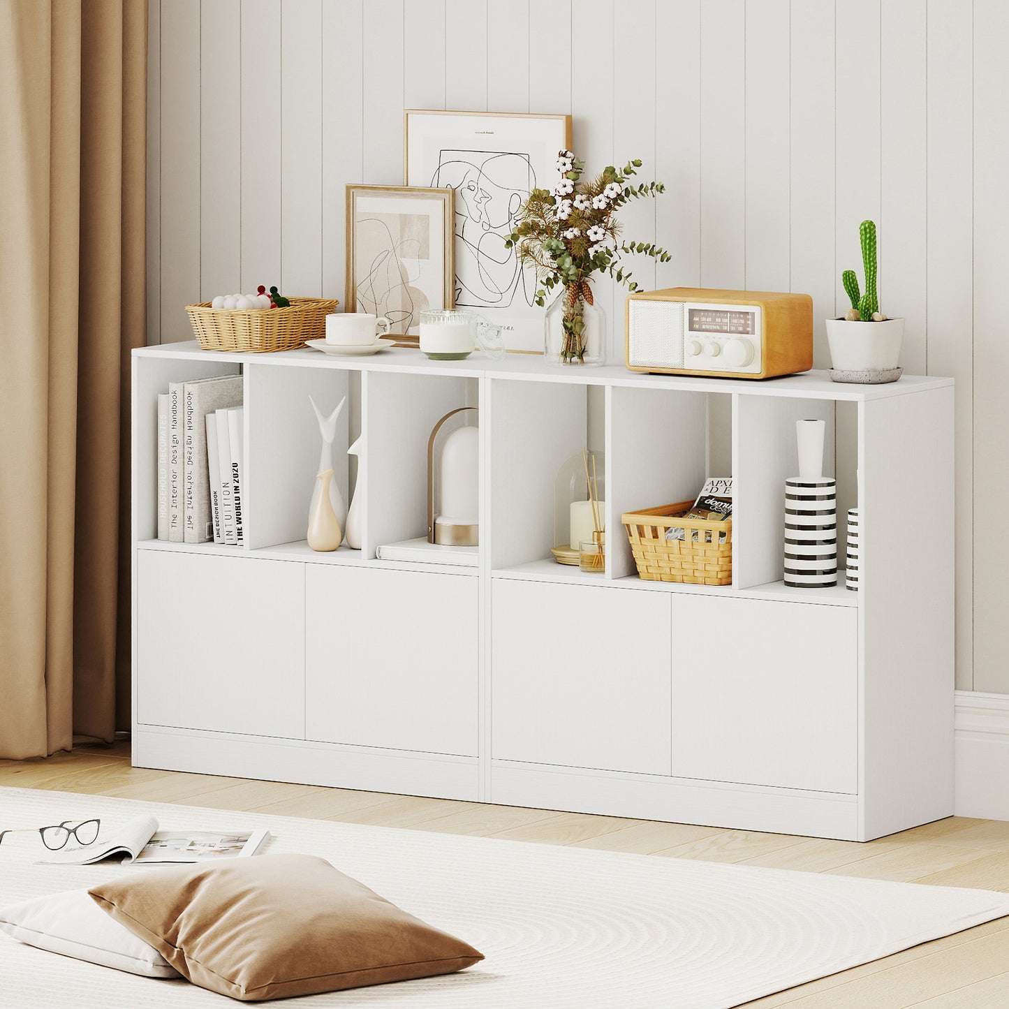 3-Cube Bookcase with Doors 3-Tier Cubic Bookshelf with Open Compartments and Cabinet-White