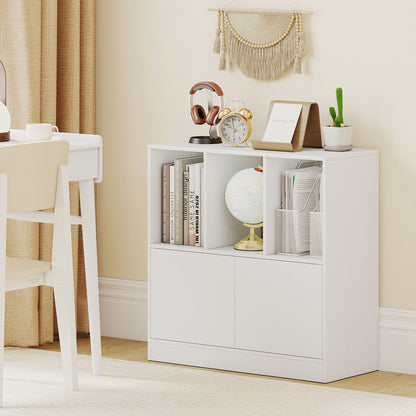 3-Cube Bookcase with Doors 3-Tier Cubic Bookshelf with Open Compartments and Cabinet-White