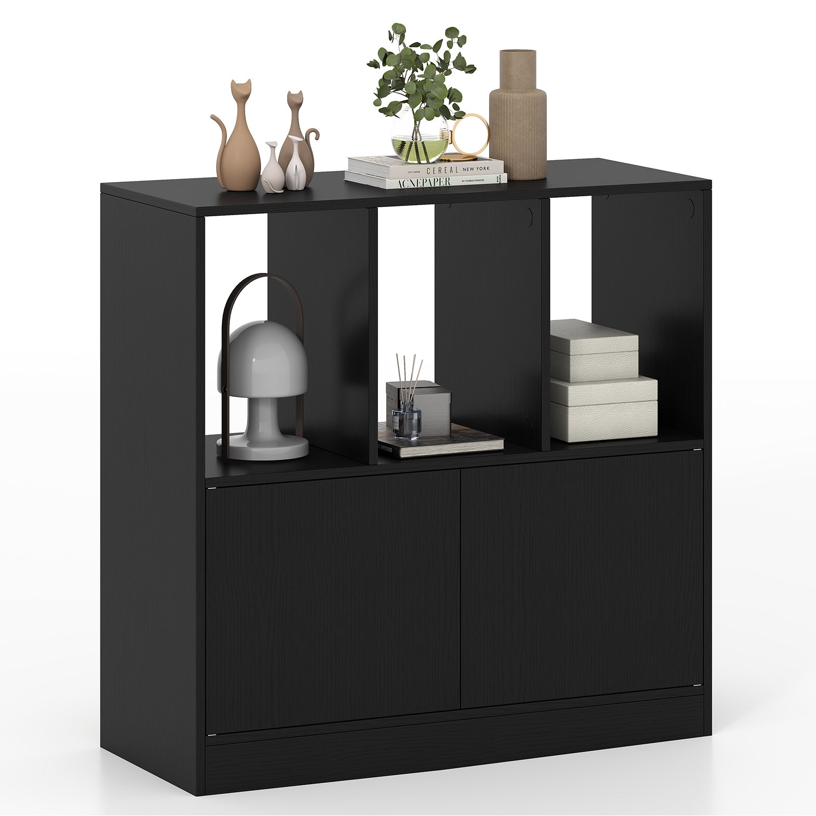 3-Cube Bookcase with Doors 3-Tier Cubic Bookshelf with Open Compartments and Cabinet-Black