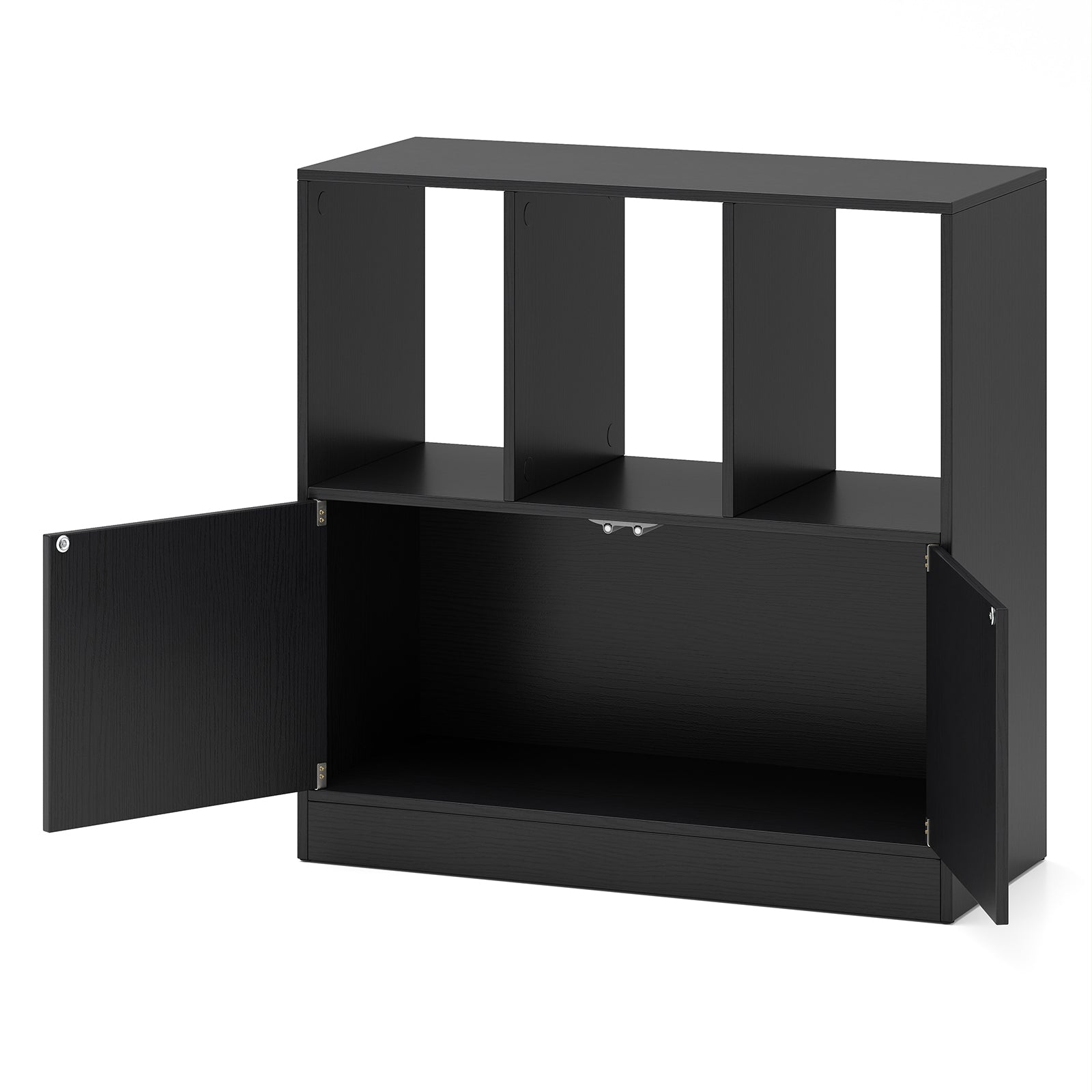 3-Cube Bookcase with Doors 3-Tier Cubic Bookshelf with Open Compartments and Cabinet-Black