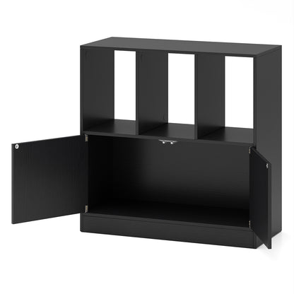 3-Cube Bookcase with Doors 3-Tier Cubic Bookshelf with Open Compartments and Cabinet-Black