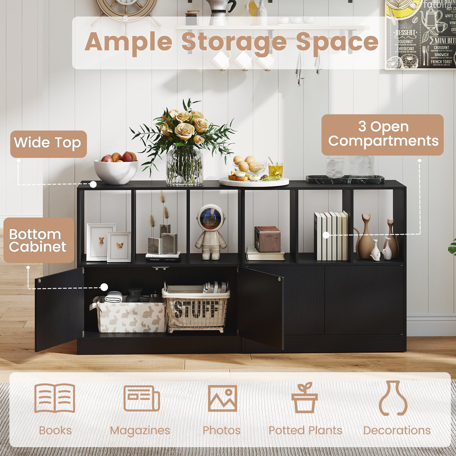 3-Cube Bookcase with Doors 3-Tier Cubic Bookshelf with Open Compartments and Cabinet-Black