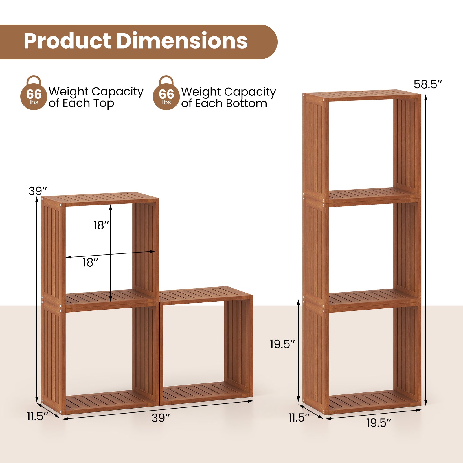 3 Cube Bookcases Solid Wood Stacking Storage Organizers with Open Slatted Design