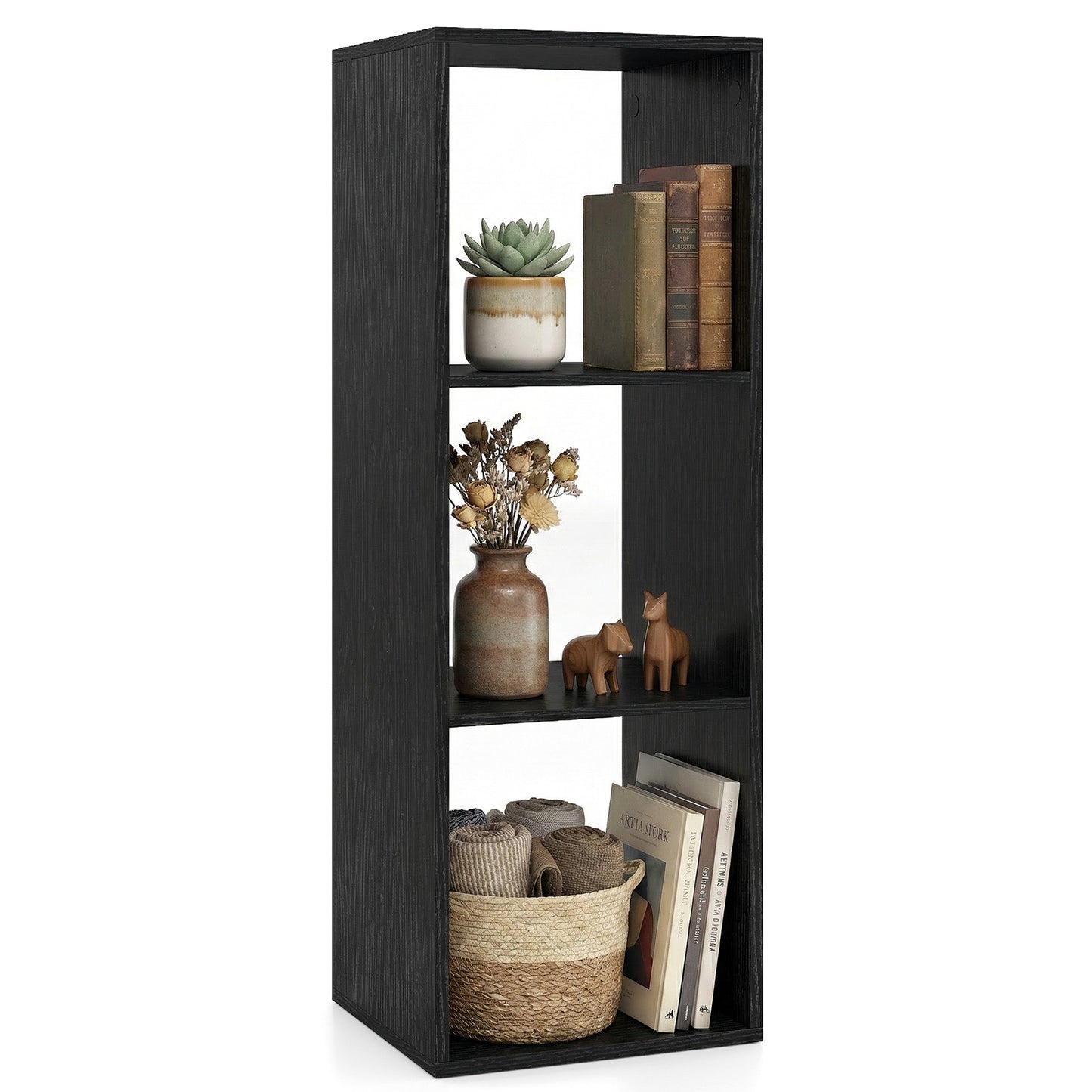 3 Cube Bookshelf with Back Guardrail for Living Room Bedroom-Natrual - Black