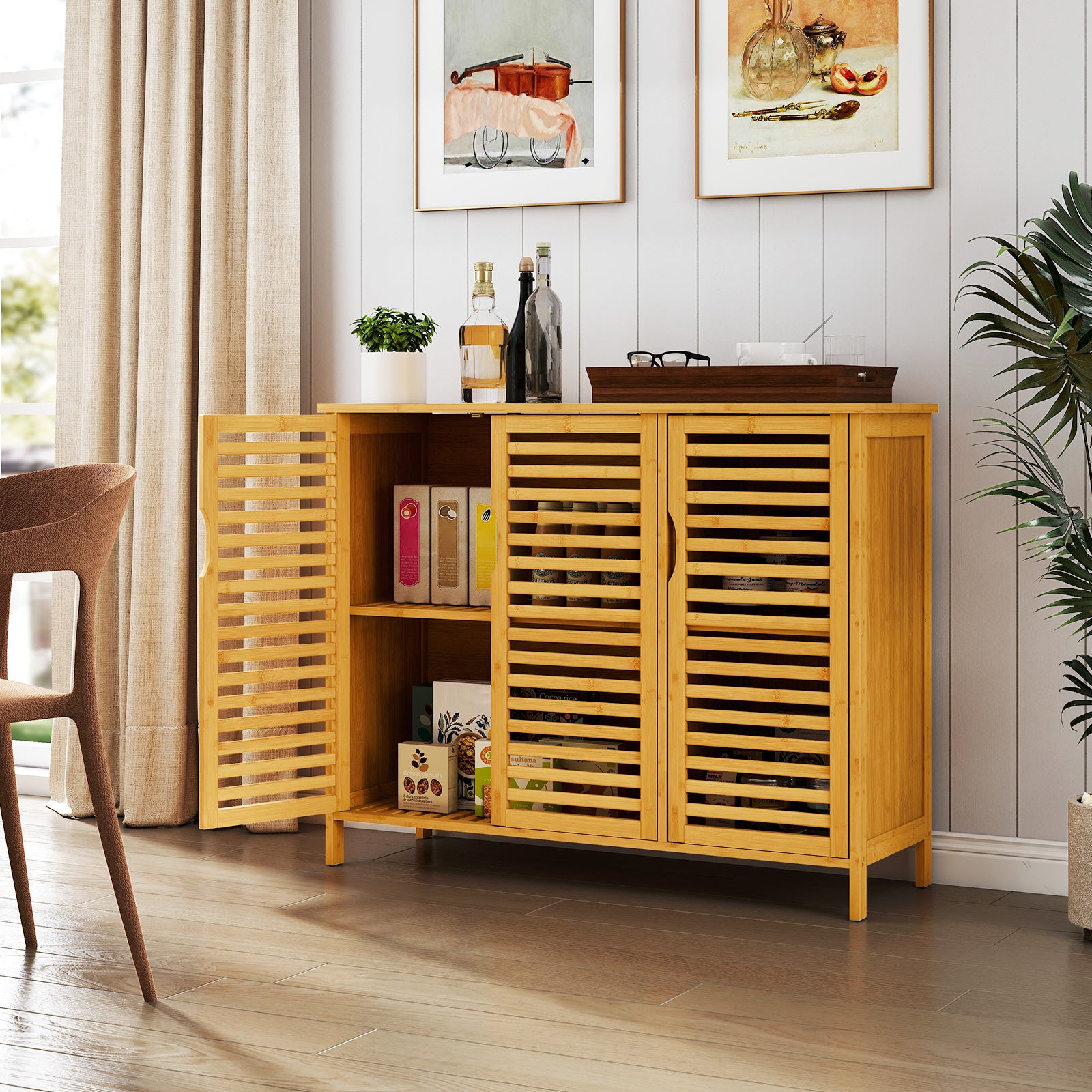 3-Door Bamboo Bathroom Cabinet with Shelves-Natural