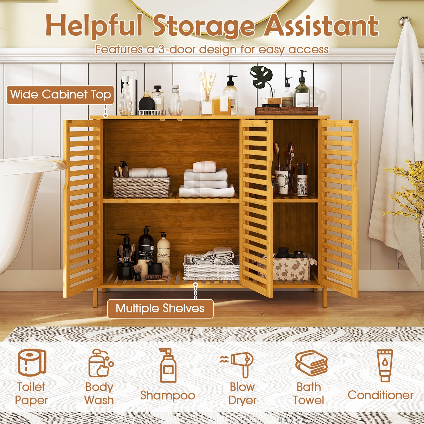 3-Door Bamboo Bathroom Cabinet with Shelves-Natural