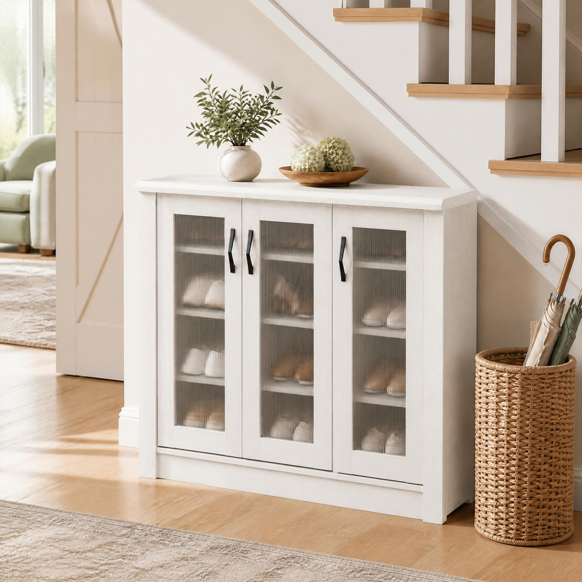 3-Door Shoe Cabinet with Removable Shelves - White