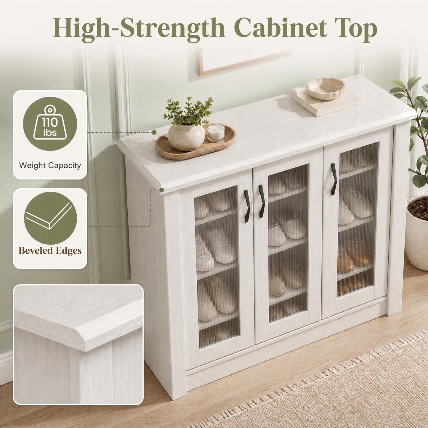 3-Door Shoe Cabinet with Removable Shelves - White