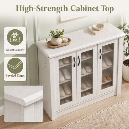 3-Door Shoe Cabinet with Removable Shelves - White