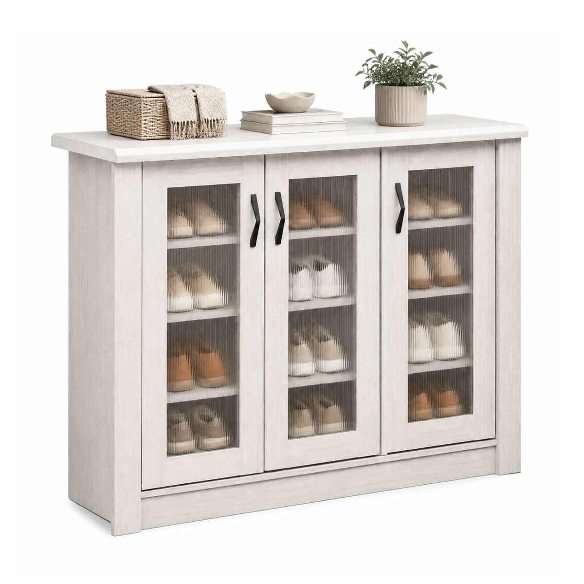 3-Door Shoe Cabinet with Removable Shelves - White
