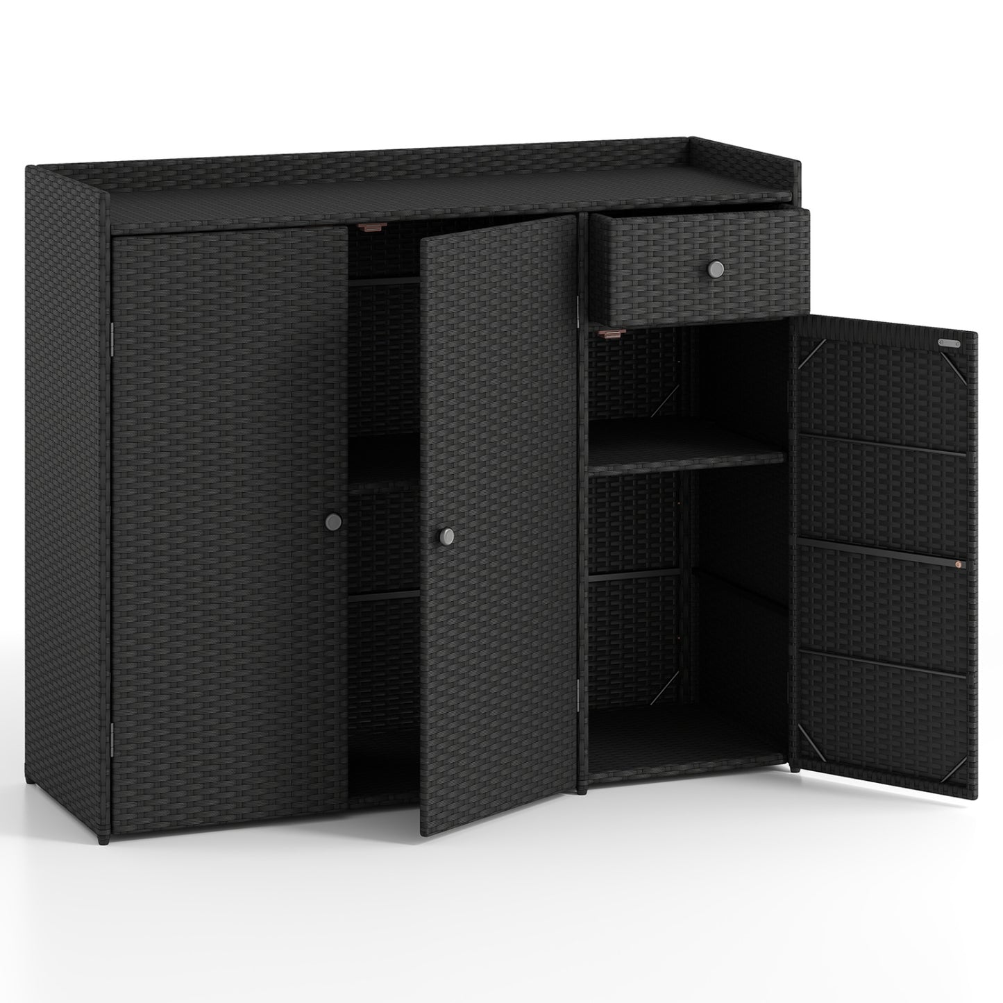 Outdoor PE Wicker Storage Cabinet with 3 Doors and Drawer