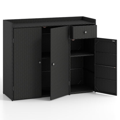 Outdoor PE Wicker Storage Cabinet with 3 Doors and Drawer