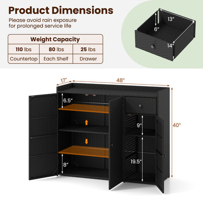 Outdoor PE Wicker Storage Cabinet with 3 Doors and Drawer