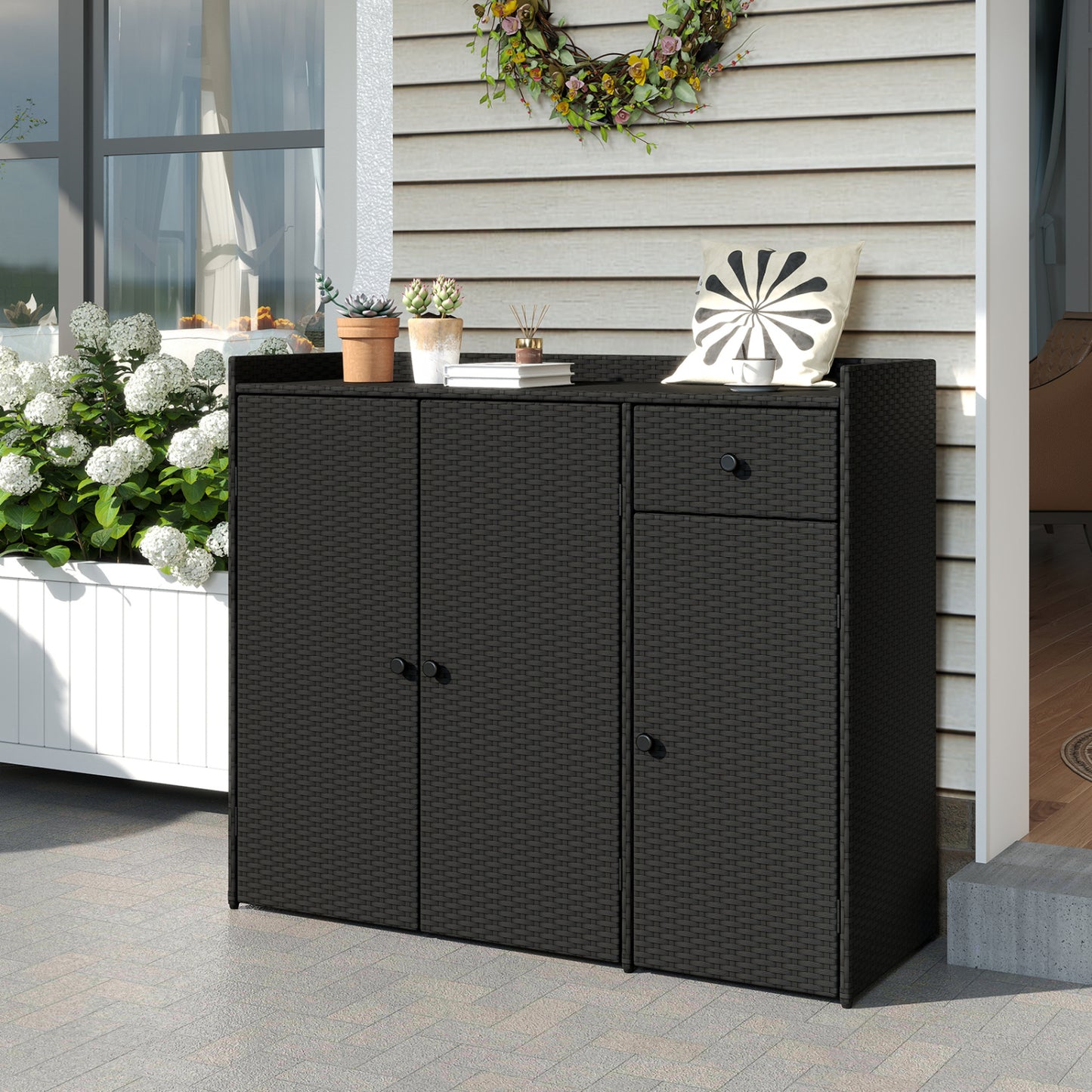 Outdoor PE Wicker Storage Cabinet with 3 Doors and Drawer
