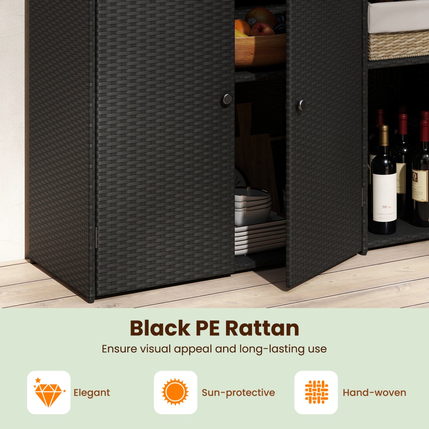 Outdoor PE Wicker Storage Cabinet with 3 Doors and Drawer